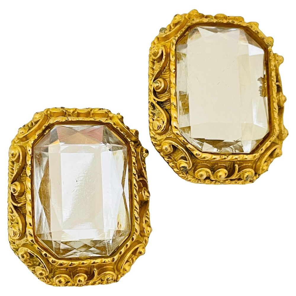 Vintage gold tone glass massive designer clip on earrings
